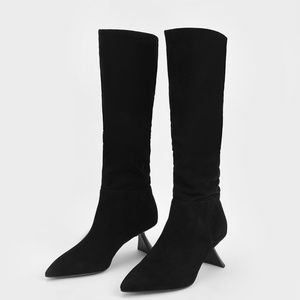 Charles & Keith Knee High Boots (Kid Suede) - Black Size 38 (US 7.5)